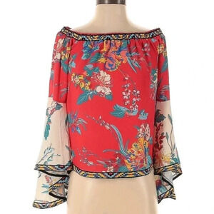 Flying Tomato Red & Cream Boho Off the Shoulder Floral Print Blouse Size Small S